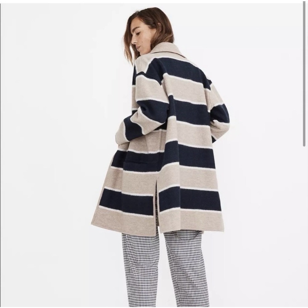 Madewell Ballard Striped Sweater Coat XS Merino Wool Tan Navy Cardigan $198 - Picture 2 of 7